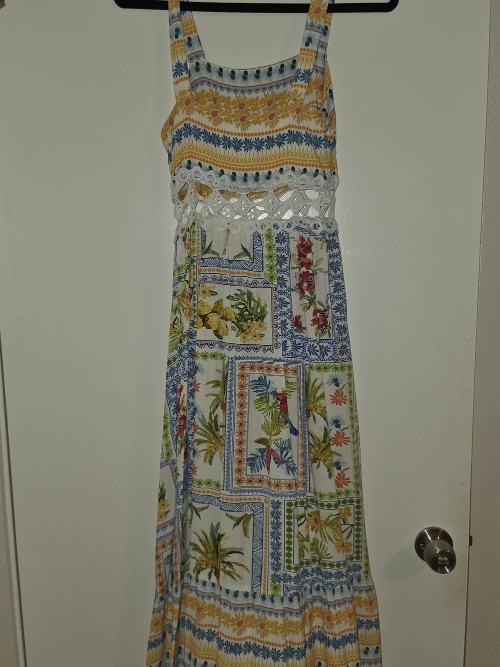 Cupshe White Maxi Dress with Yellow, Blue & Green Tropical Panels